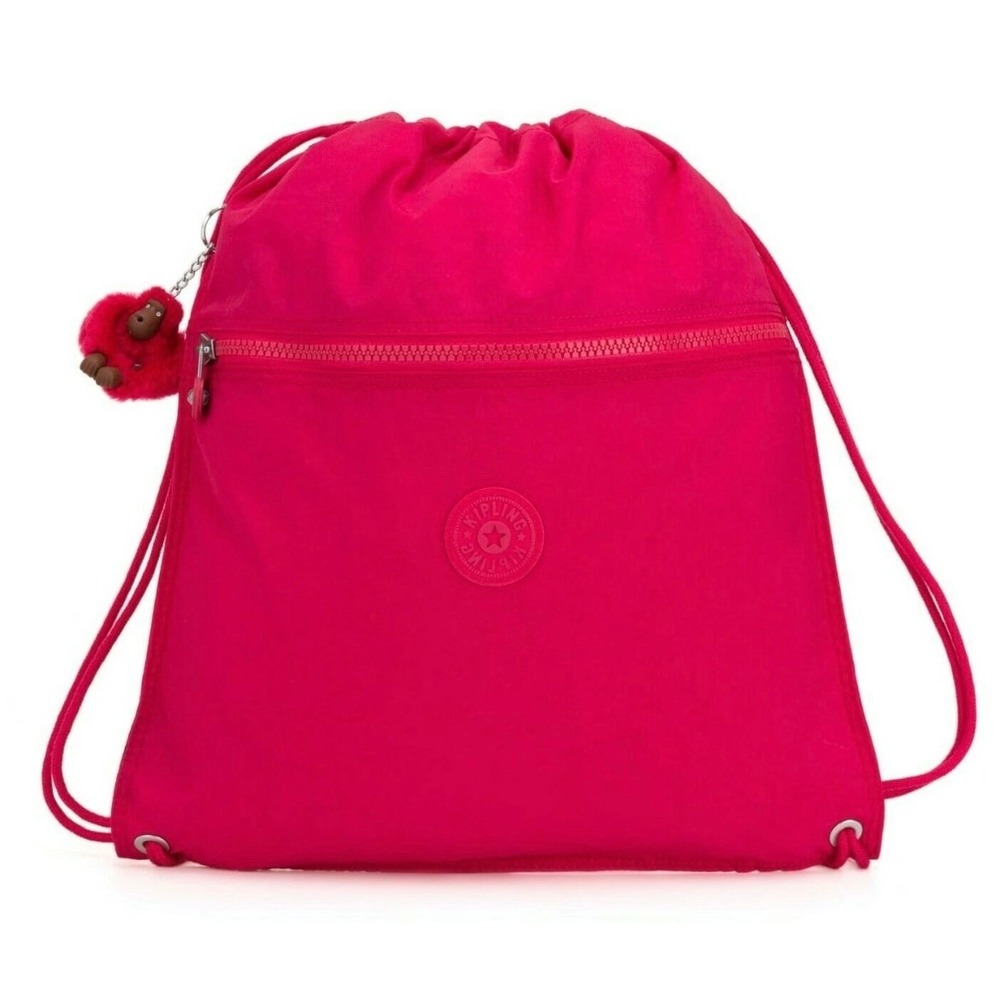 Kipling Drawstring Backpack Bag‎ Monkey Charm Pink Nylon Gym Travel